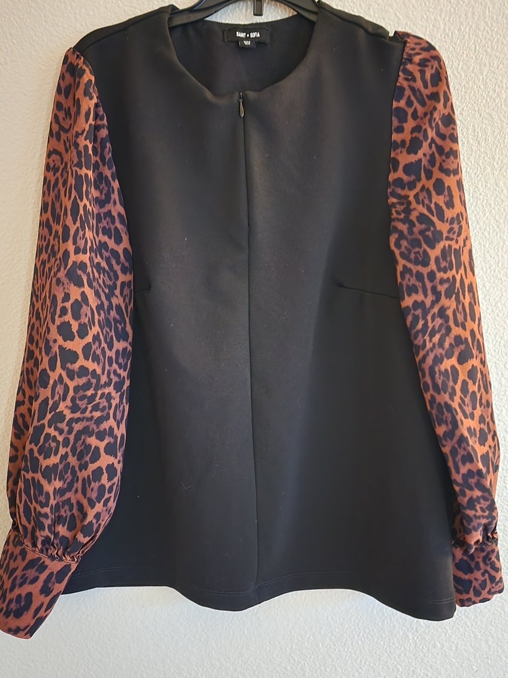 Saint + Sofia Black Leopard Print Contrast Sleeve Blouse USA 8 - Picture 7 of 7